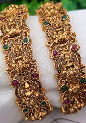 Set of 2 Gold-Plated American Diamond Stone Studded Bangle for Women | Traditional Temple Jewellery for Wedding & Festive Wear | Gift for Her