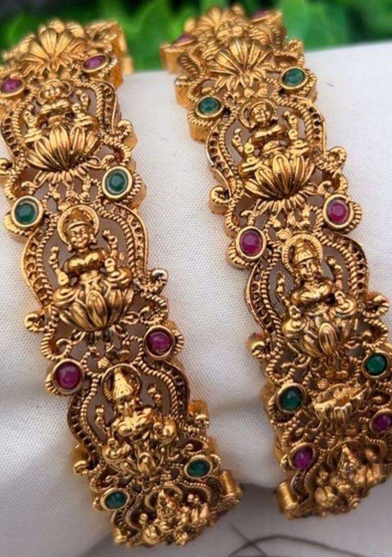 Set of 2 Gold-Plated American Diamond Stone Studded Bangle for Women | Traditional Temple Jewellery for Wedding & Festive Wear | Gift for Her - Indya
