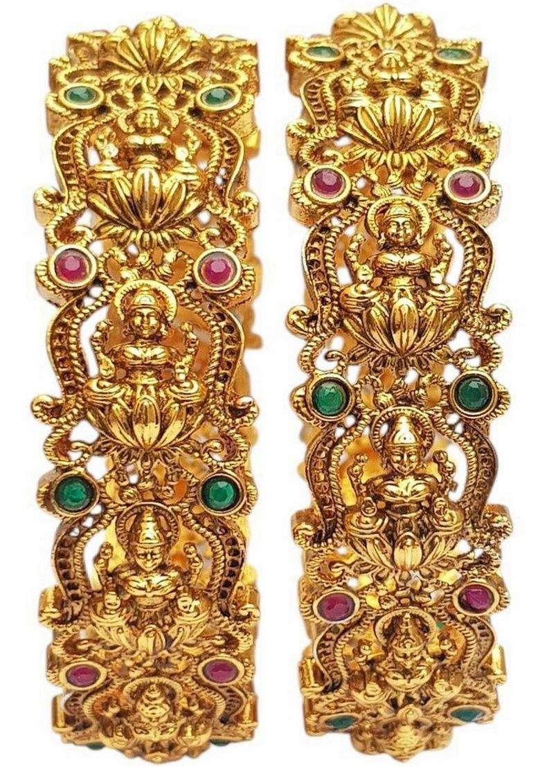 Set of 2 Gold-Plated American Diamond Stone Studded Bangle for Women | Traditional Temple Jewellery for Wedding & Festive Wear | Gift for Her - Indya