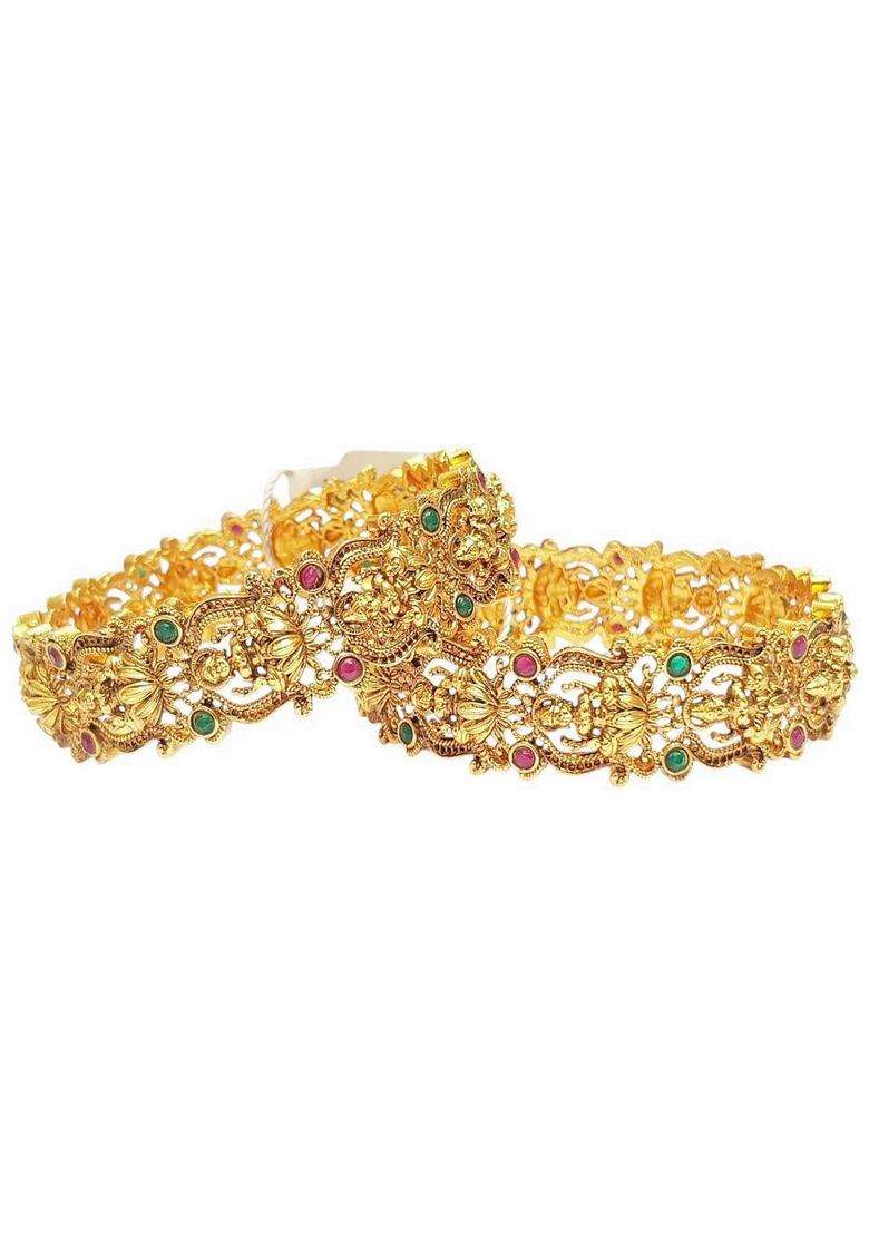 Set of 2 Gold-Plated American Diamond Stone Studded Bangle for Women | Traditional Temple Jewellery for Wedding & Festive Wear | Gift for Her - Indya