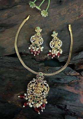 Gold-Plated CZ Stone Studded & Beaded Laxmi Designs Jewellery Set for Women | Stylish Party & Everyday Wear | Gift for Her