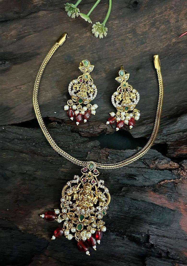 Gold-Plated CZ Stone Studded & Beaded Laxmi Designs Jewellery Set for Women | Stylish Party & Everyday Wear | Gift for Her - Indya