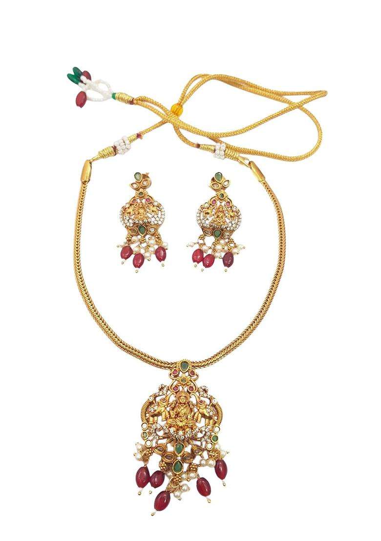 Gold-Plated CZ Stone Studded & Beaded Laxmi Designs Jewellery Set for Women | Stylish Party & Everyday Wear | Gift for Her - Indya