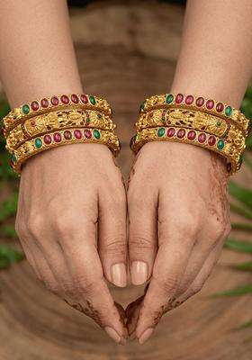Set of 6 Gold-Plated Pink & Green AD Studded Bangles for Women | Traditional Temple Jewellery for Wedding & Festive Wear | Gift for Her