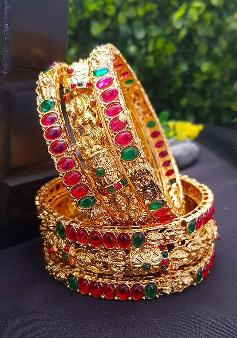 Set of 6 Gold-Plated Pink & Green AD Studded Bangles for Women | Traditional Temple Jewellery for Wedding & Festive Wear | Gift for Her - Indya