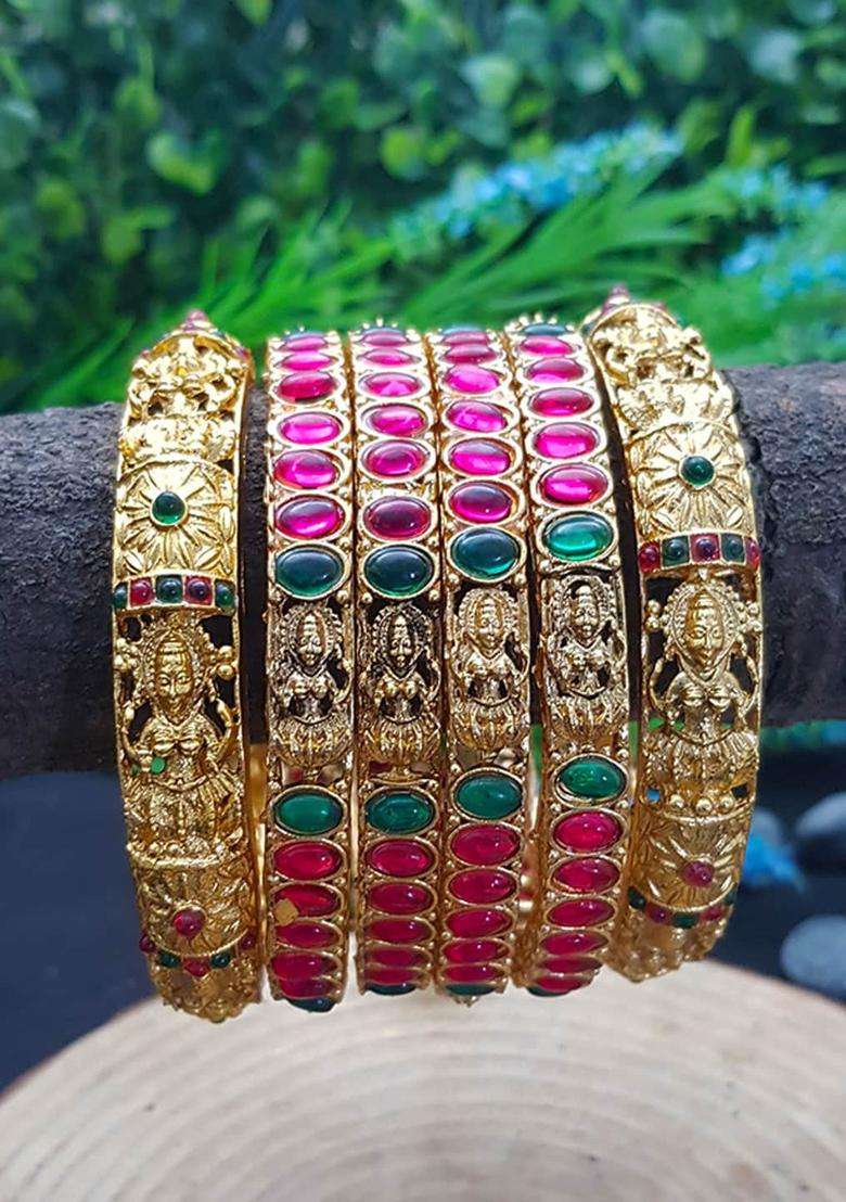 Set of 6 Gold-Plated Pink & Green AD Studded Bangles for Women | Traditional Temple Jewellery for Wedding & Festive Wear | Gift for Her - Indya