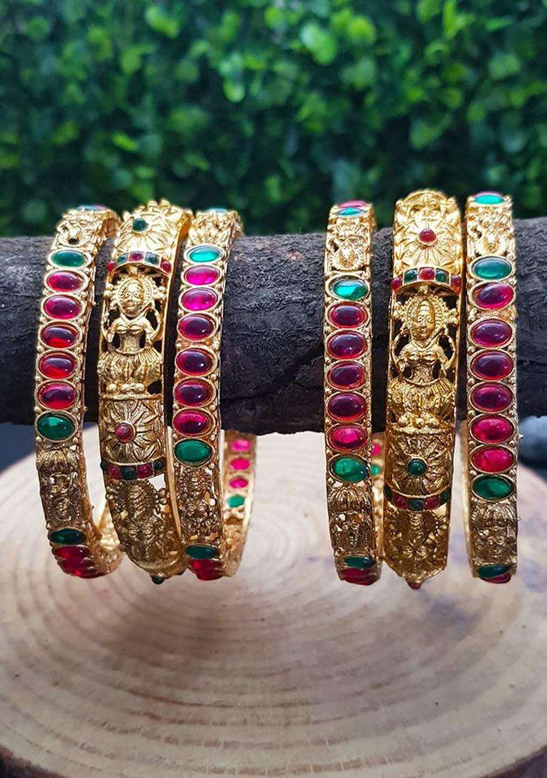 Set of 6 Gold-Plated Pink & Green AD Studded Bangles for Women | Traditional Temple Jewellery for Wedding & Festive Wear | Gift for Her - Indya