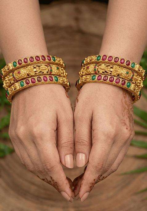 Set of 6 Gold-Plated Pink & Green AD Studded Bangles for Women | Traditional Temple Jewellery for Wedding & Festive Wear | Gift for Her