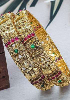 Set of 2 Gold-Plated Artificial Stones Studded Temple Laxmi Design Bangles for Women | Traditional Temple Jewellery for Wedding & Festive Wear | Gift for Her