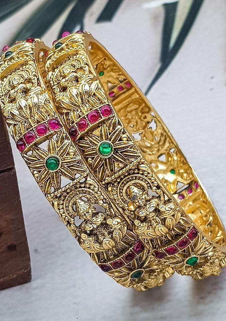 Set of 2 Gold-Plated Artificial Stones Studded Temple Laxmi Design Bangles for Women | Traditional Temple Jewellery for Wedding & Festive Wear | Gift for Her - Indya