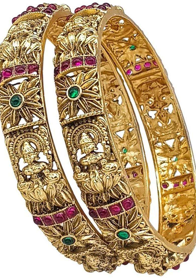 Set of 2 Gold-Plated Artificial Stones Studded Temple Laxmi Design Bangles for Women | Traditional Temple Jewellery for Wedding & Festive Wear | Gift for Her - Indya