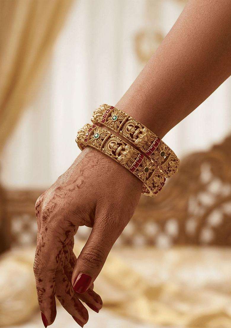 Set of 2 Gold-Plated Artificial Stones Studded Temple Laxmi Design Bangles for Women | Traditional Temple Jewellery for Wedding & Festive Wear | Gift for Her - Indya
