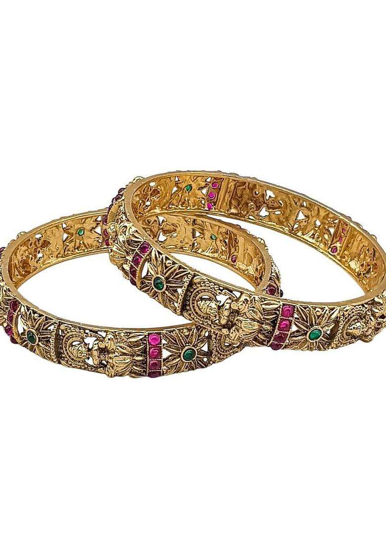 Set of 2 Gold-Plated Artificial Stones Studded Temple Laxmi Design Bangles for Women | Traditional Temple Jewellery for Wedding & Festive Wear | Gift for Her - Indya
