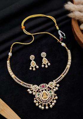 Gold-Plated Temple American Diamond Necklace and Earrings for Women | Traditional Temple Jewellery for Wedding & Festive Wear | Gift for Her
