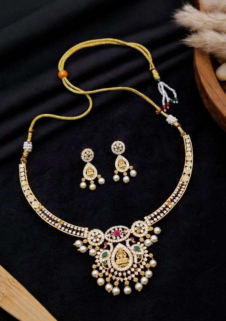 Gold-Plated Temple American Diamond Necklace and Earrings for Women | Traditional Temple Jewellery for Wedding & Festive Wear | Gift for Her - Indya