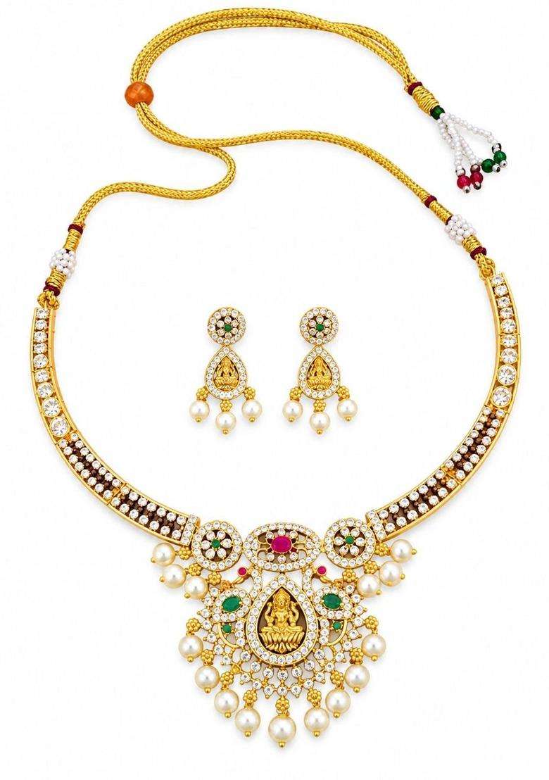 Gold-Plated Temple American Diamond Necklace and Earrings for Women | Traditional Temple Jewellery for Wedding & Festive Wear | Gift for Her - Indya