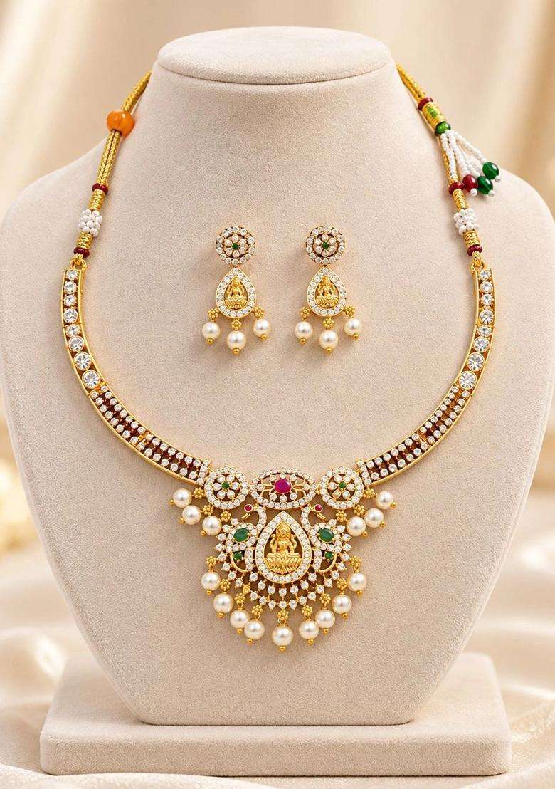 Gold-Plated Temple American Diamond Necklace and Earrings for Women | Traditional Temple Jewellery for Wedding & Festive Wear | Gift for Her - Indya