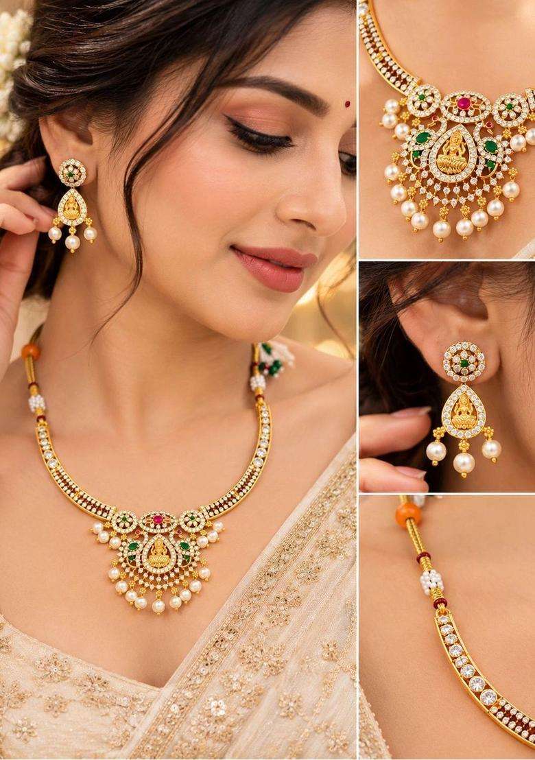 Gold-Plated Temple American Diamond Necklace and Earrings for Women | Traditional Temple Jewellery for Wedding & Festive Wear | Gift for Her - Indya