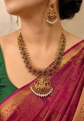 Gold-Plated Temple Stone-Studded Necklace and Earrings for Women | Traditional Temple Jewellery for Wedding & Festive Wear | Gift for Her