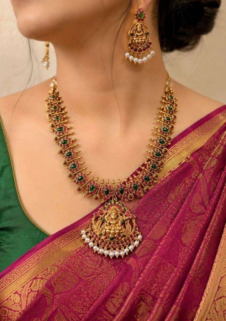 Gold-Plated Temple Stone-Studded Necklace and Earrings for Women | Traditional Temple Jewellery for Wedding & Festive Wear | Gift for Her - Indya
