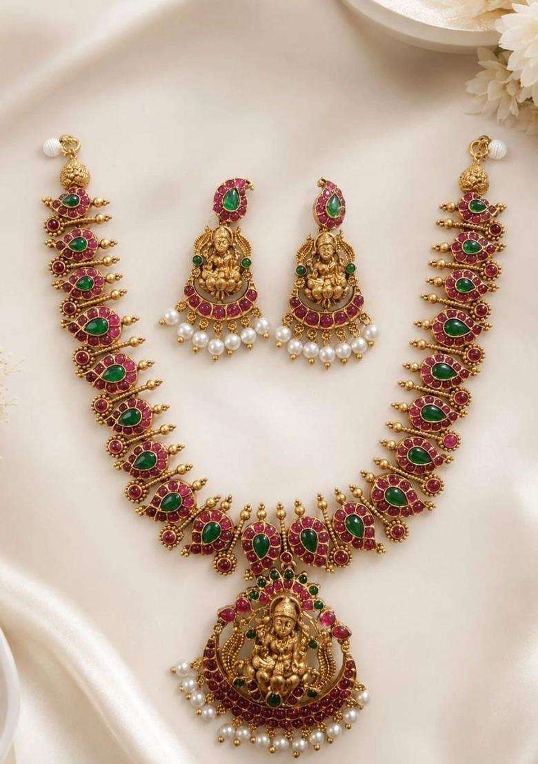 Gold-Plated Temple Stone-Studded Necklace and Earrings for Women | Traditional Temple Jewellery for Wedding & Festive Wear | Gift for Her - Indya