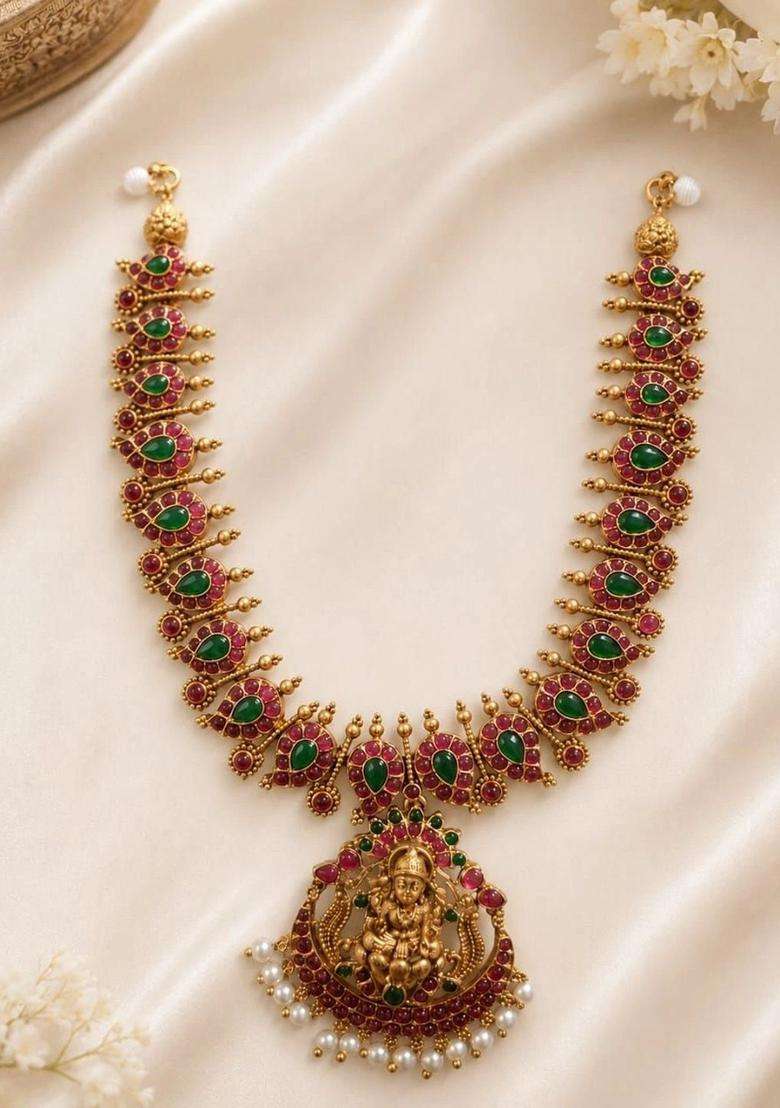Gold-Plated Temple Stone-Studded Necklace and Earrings for Women | Traditional Temple Jewellery for Wedding & Festive Wear | Gift for Her - Indya