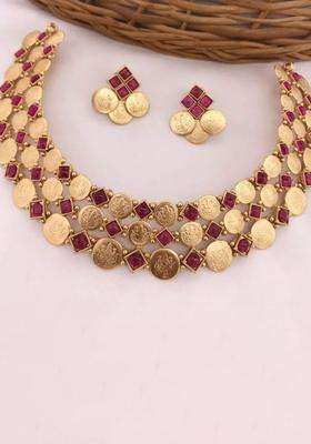 Gold-Plated Artificial Stone-Studded Temple Necklace & Earrings for Women | Traditional Temple Jewellery for Wedding & Festive Wear | Gift for Her