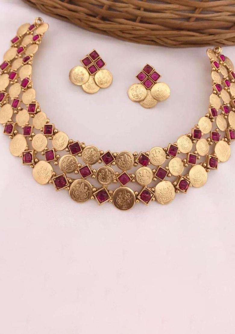 Gold-Plated Artificial Stone-Studded Temple Necklace & Earrings for Women | Traditional Temple Jewellery for Wedding & Festive Wear | Gift for Her - Indya