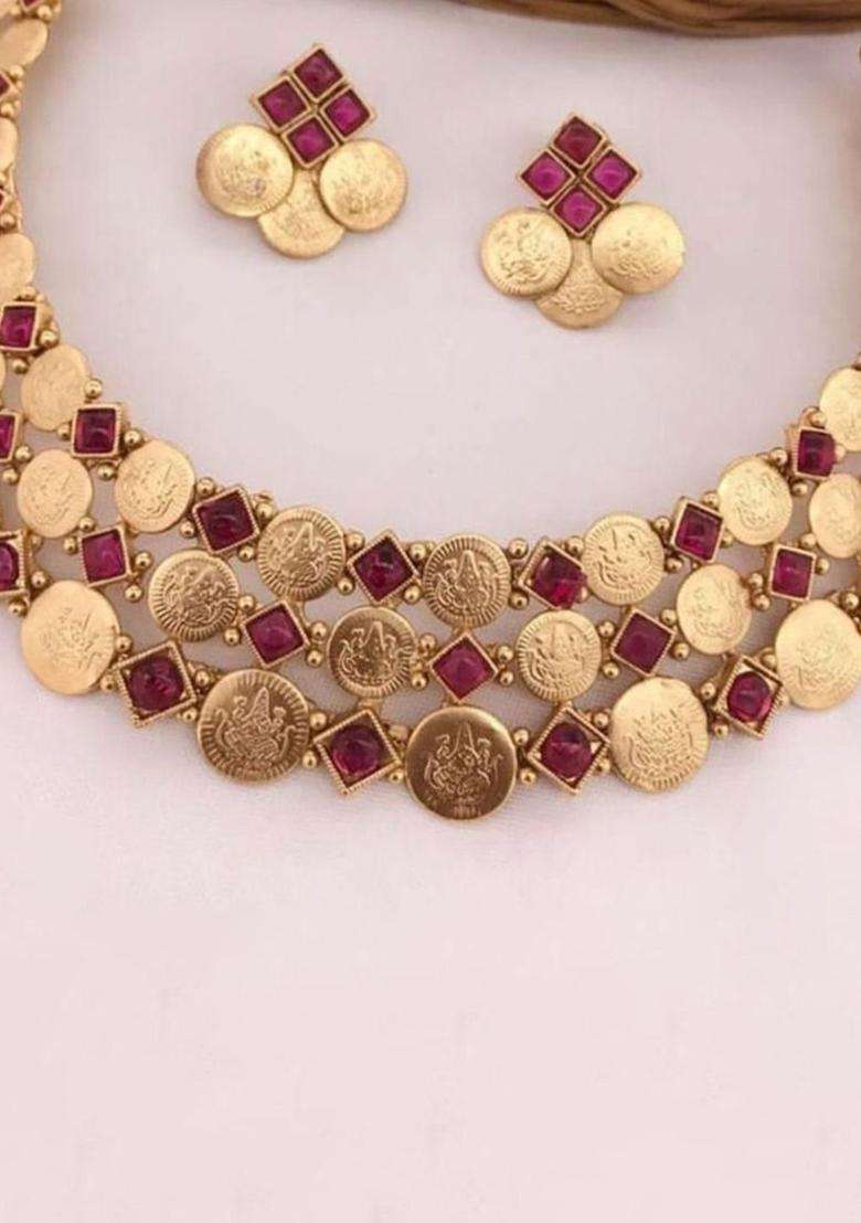 Gold-Plated Artificial Stone-Studded Temple Necklace & Earrings for Women | Traditional Temple Jewellery for Wedding & Festive Wear | Gift for Her - Indya