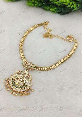 Gold-Plated Artificial Stone Studded & Beaded Temple Necklace for Women | Traditional Temple Jewellery for Wedding & Festive Wear | Gift for Her