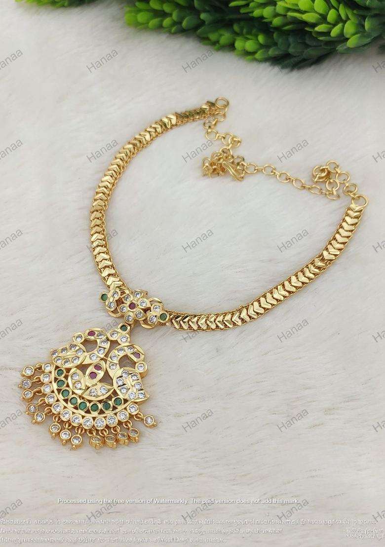 Gold-Plated Artificial Stone Studded & Beaded Temple Necklace for Women | Traditional Temple Jewellery for Wedding & Festive Wear | Gift for Her - Indya