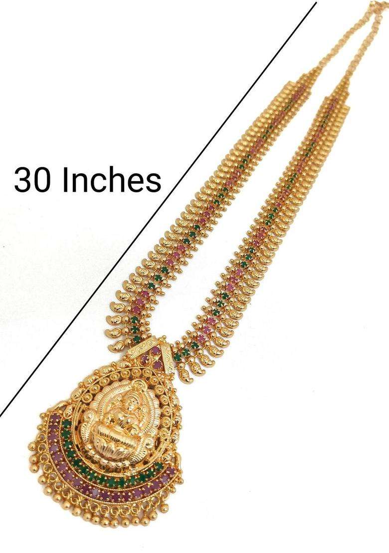 Brass Gold-Plated Cubic Zirconia Temple Necklace for Women | Traditional Temple Jewellery for Wedding & Festive Wear | Gift for Her - Indya