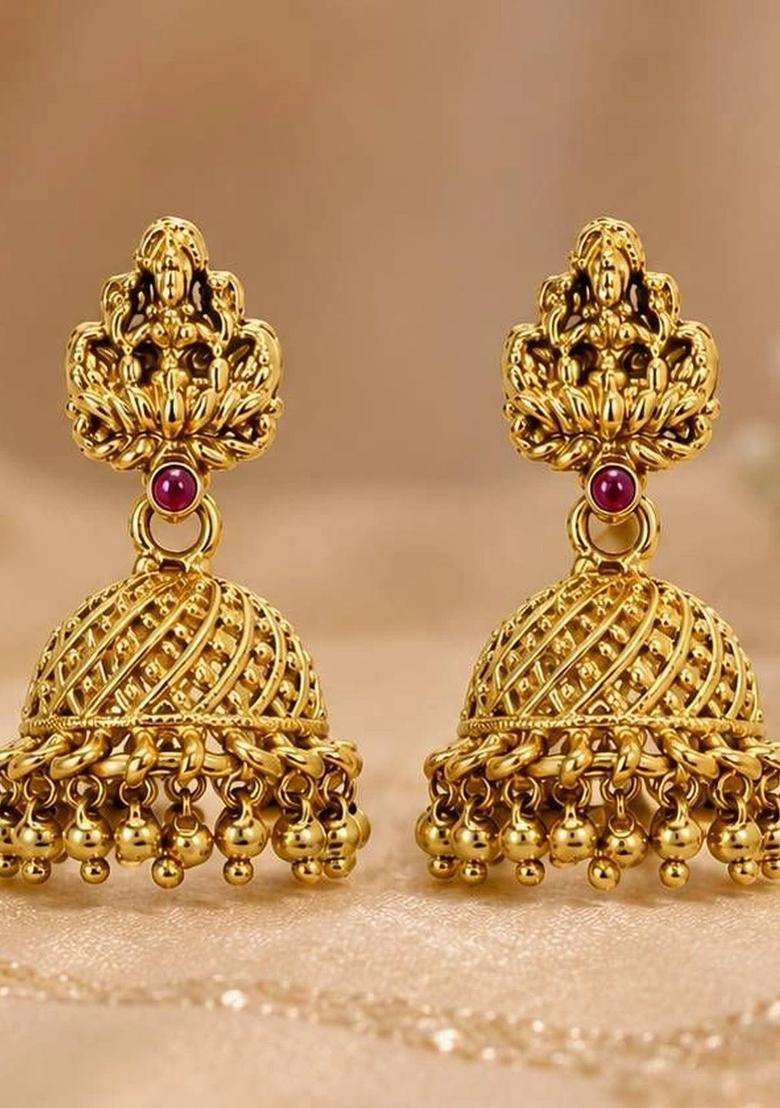 Gold-Plated Dome Shaped Jhumkas Earrings for Women | Traditional Temple Jewellery for Wedding & Festive Wear | Gift for Her - Indya
