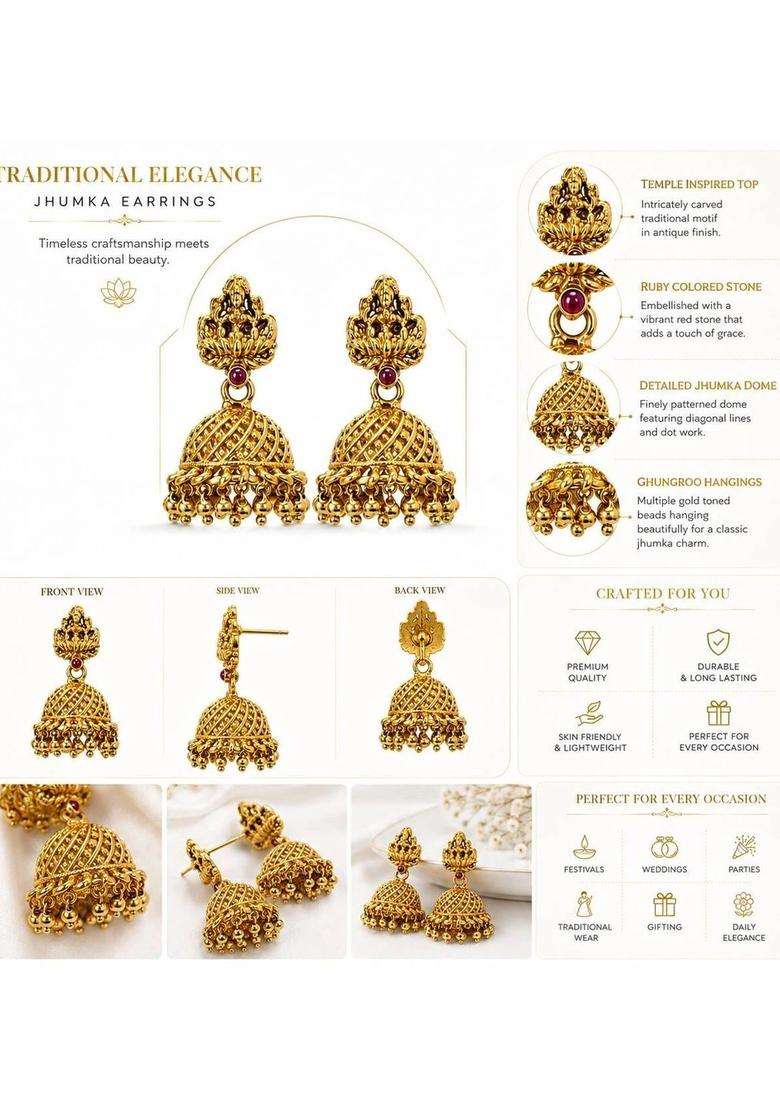 Gold-Plated Dome Shaped Jhumkas Earrings for Women | Traditional Temple Jewellery for Wedding & Festive Wear | Gift for Her - Indya