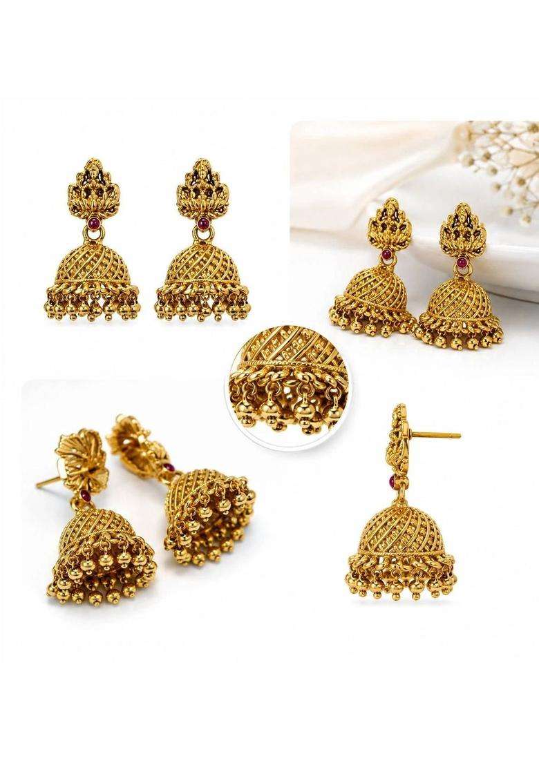Gold-Plated Dome Shaped Jhumkas Earrings for Women | Traditional Temple Jewellery for Wedding & Festive Wear | Gift for Her - Indya