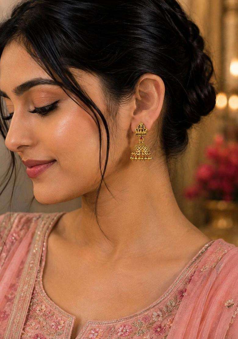 Gold-Plated Dome Shaped Jhumkas Earrings for Women | Traditional Temple Jewellery for Wedding & Festive Wear | Gift for Her - Indya