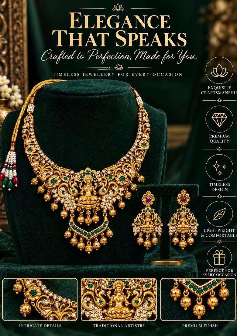 Brass Gold-Plated Temple Necklace for Women | Traditional Temple Jewellery for Wedding & Festive Wear | Gift for Her - Indya