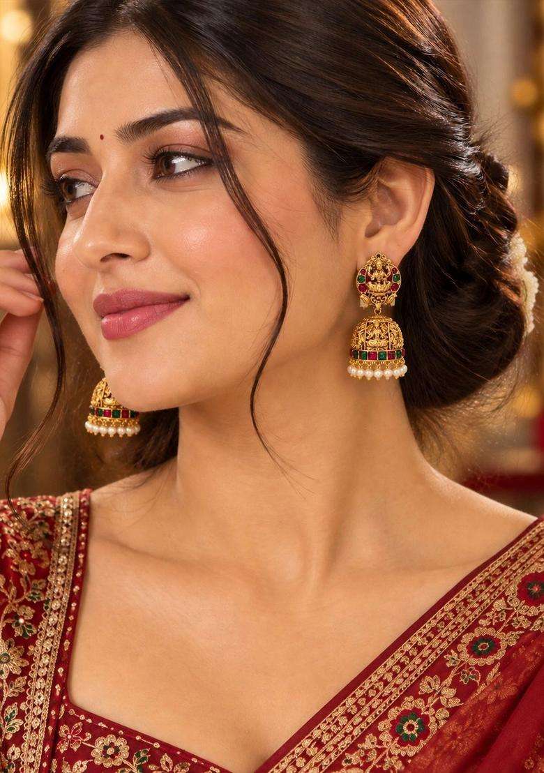 Gold-Plated Dome Shaped Jhumkas Earrings for Women | Traditional Temple Jewellery for Wedding & Festive Wear | Gift for Her - Indya