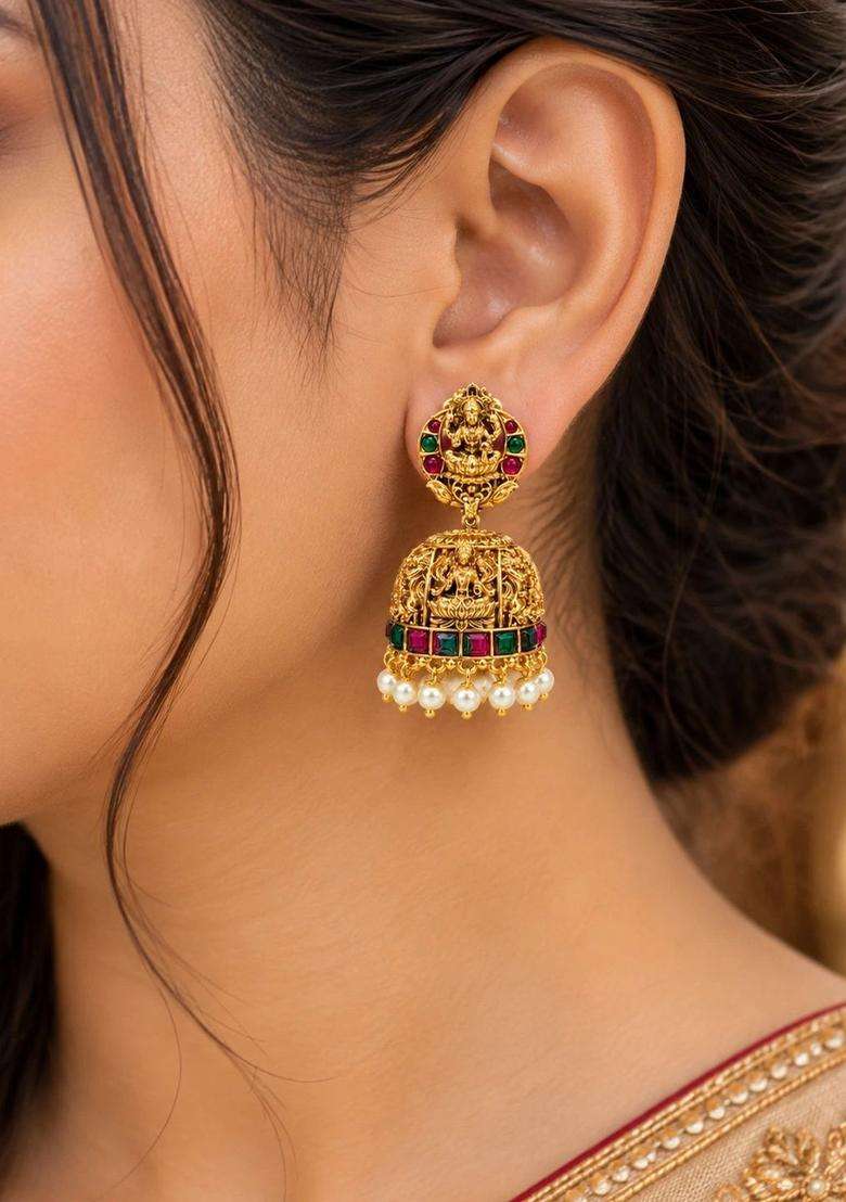 Gold-Plated Dome Shaped Jhumkas Earrings for Women | Traditional Temple Jewellery for Wedding & Festive Wear | Gift for Her - Indya