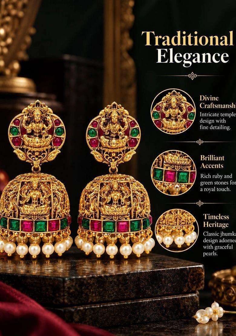 Gold-Plated Dome Shaped Jhumkas Earrings for Women | Traditional Temple Jewellery for Wedding & Festive Wear | Gift for Her - Indya