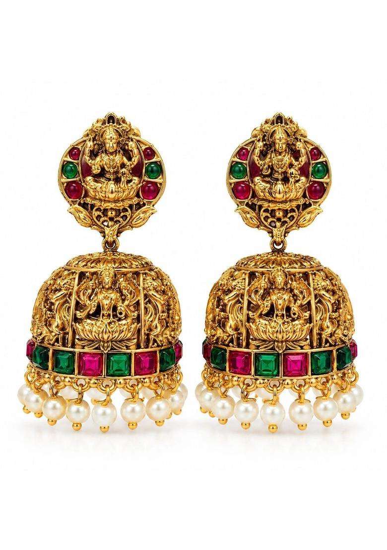 Gold-Plated Dome Shaped Jhumkas Earrings for Women | Traditional Temple Jewellery for Wedding & Festive Wear | Gift for Her - Indya
