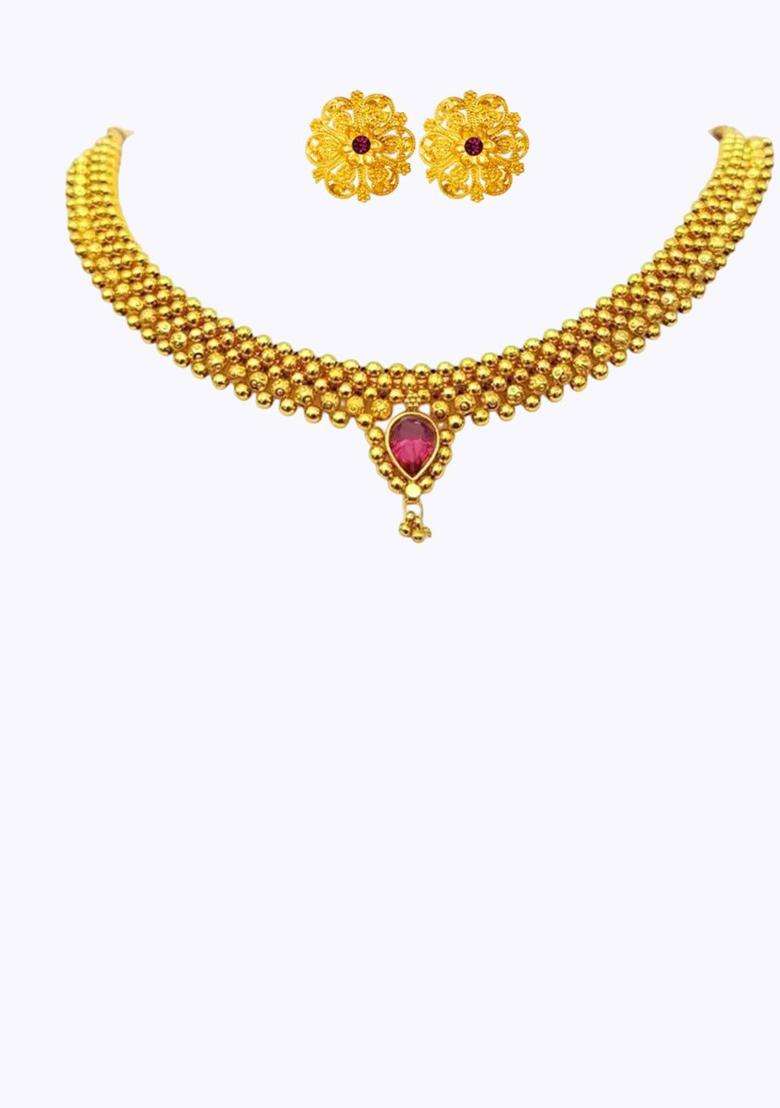 1gm Micron Gold-Plated Cubic Zirconia Stone Studded & Beaded Jewellery Set for Women | Traditional Temple Jewellery for Wedding & Festive Wear | Gift for Her - Indya