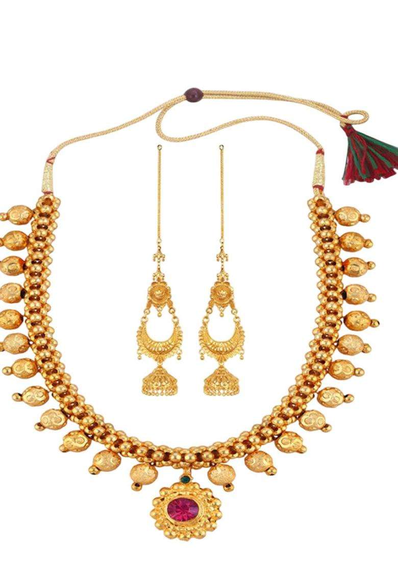 1gm Gold-Plated Cubic Zirconia-Studded & Beaded Jewellery Set for Women | Traditional Temple Jewellery for Wedding & Festive Wear | Gift for Her - Indya