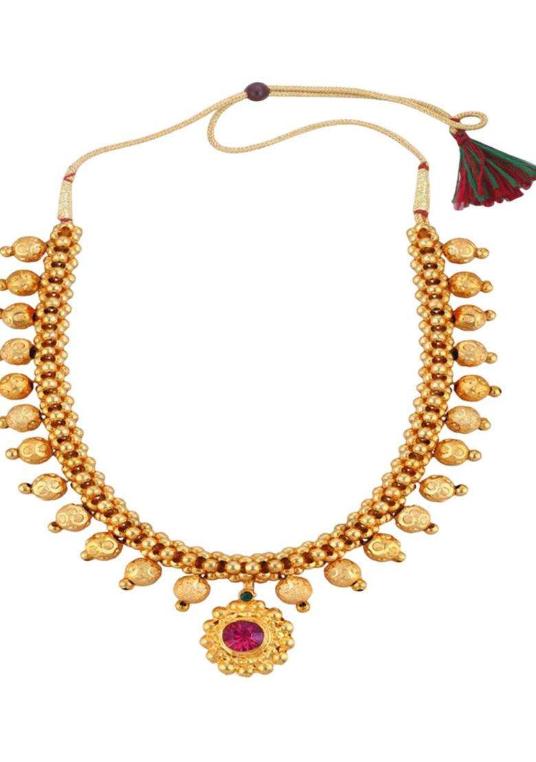 1gm Gold-Plated Cubic Zirconia-Studded & Beaded Jewellery Set for Women | Traditional Temple Jewellery for Wedding & Festive Wear | Gift for Her - Indya
