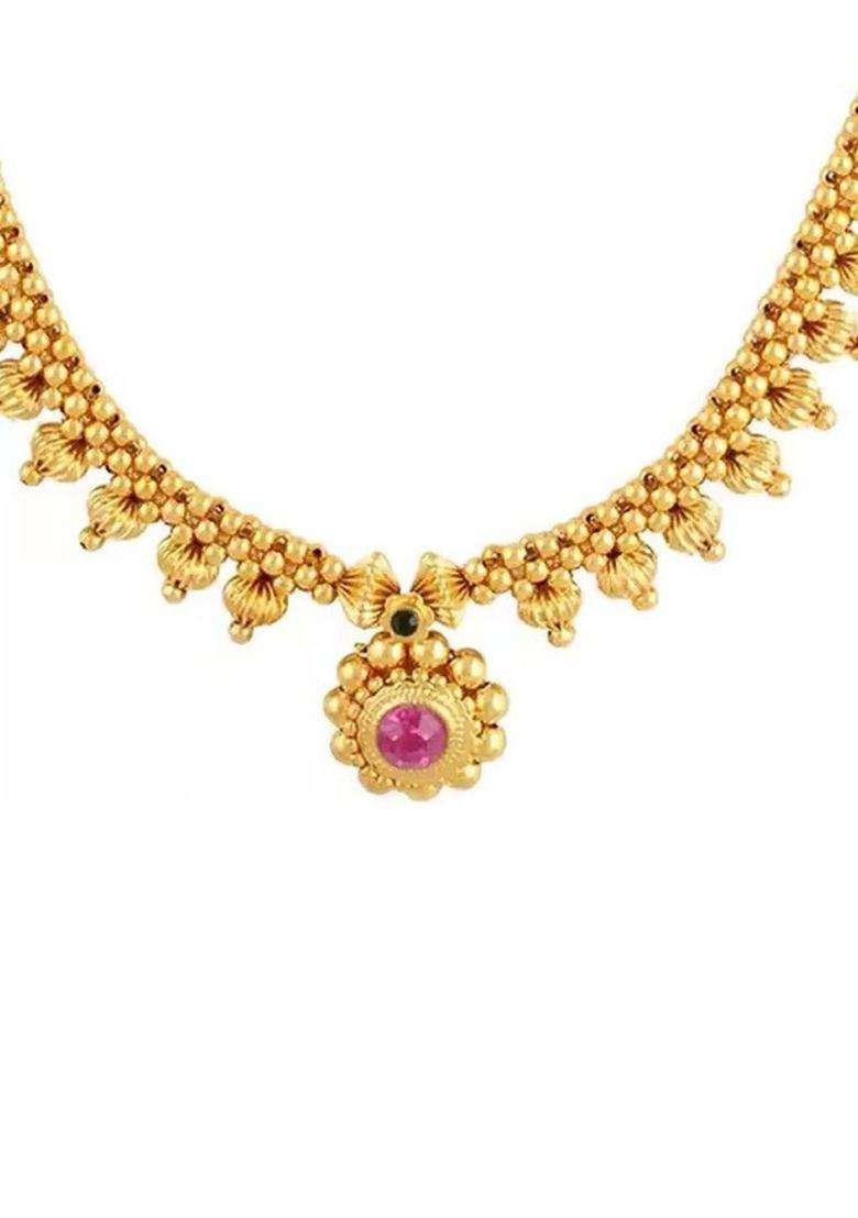 1gm Gold-Plated Cubic Zirconia-Studded & Beaded Jewellery Set for Women | Traditional Temple Jewellery for Wedding & Festive Wear | Gift for Her - Indya