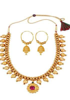 1gm Gold & Micron-Plated Cubic Zirconia-Studded & Beaded Jewellery Set for Women | Traditional Temple Jewellery for Wedding & Festive Wear | Gift for Her