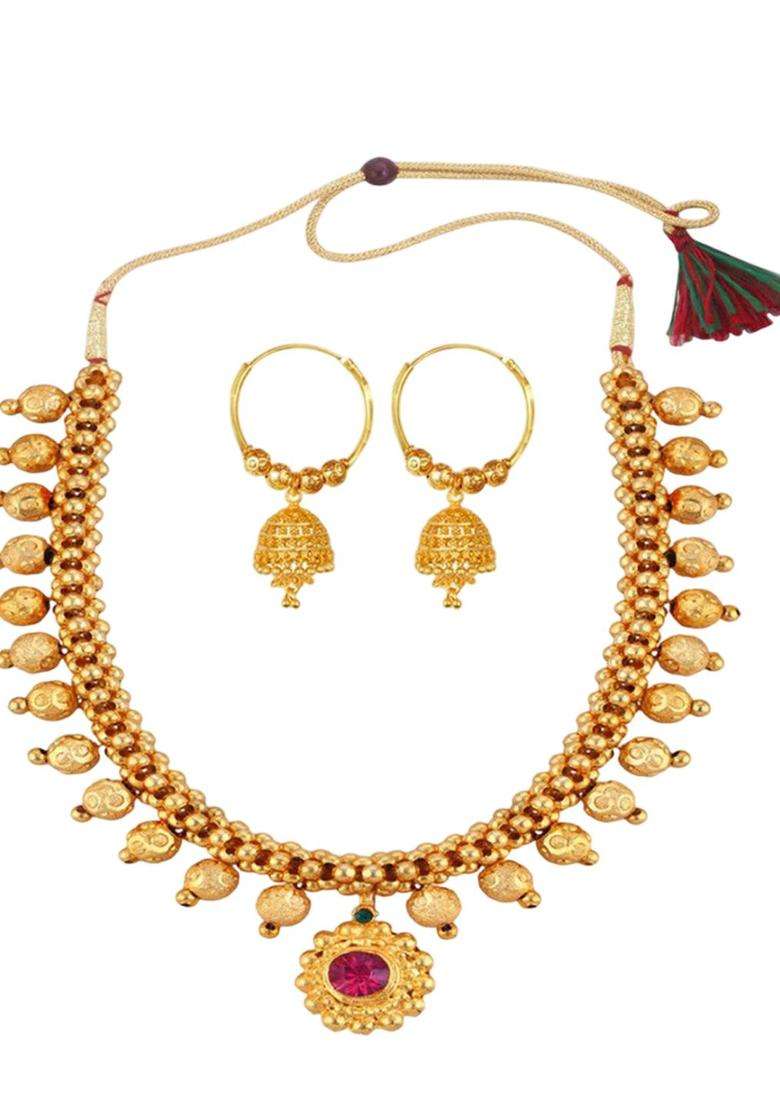1gm Gold & Micron-Plated Cubic Zirconia-Studded & Beaded Jewellery Set for Women | Traditional Temple Jewellery for Wedding & Festive Wear | Gift for Her - Indya
