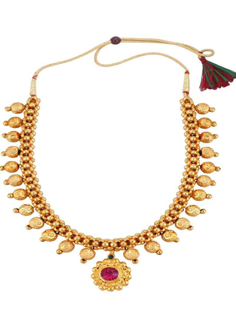 1gm Gold & Micron-Plated Cubic Zirconia-Studded & Beaded Jewellery Set for Women | Traditional Temple Jewellery for Wedding & Festive Wear | Gift for Her - Indya