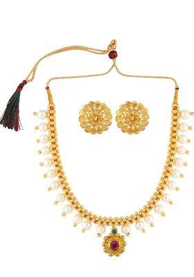 1gm Gold & Micron-Plated Cubic Zirconia-Studded & Beaded Jewellery Set for Women | Traditional Temple Jewellery for Wedding & Festive Wear | Gift for Her