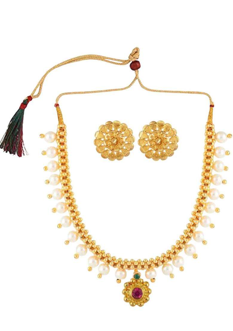 1gm Gold & Micron-Plated Cubic Zirconia-Studded & Beaded Jewellery Set for Women | Traditional Temple Jewellery for Wedding & Festive Wear | Gift for Her - Indya